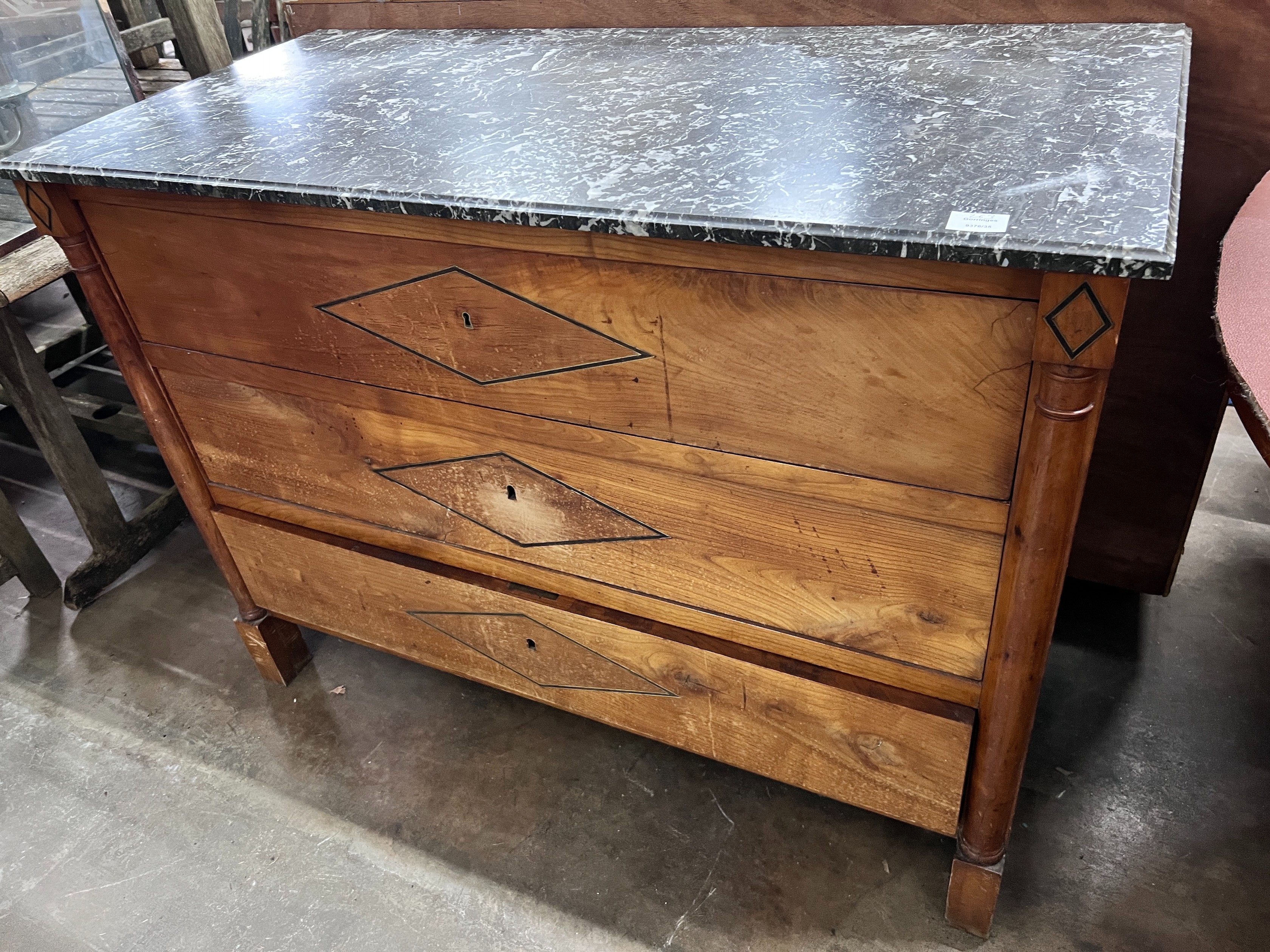 A 19th century continental fruitwood commode with grey marble top, width 122cm, depth 58cm, height 90cm *Please note the sale commences at 9am.